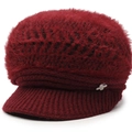 Winter wine red knit hat with faux fur trim and rhinestone insect brooch for elderly women - One Size / Red