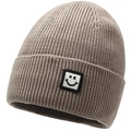 Brown knit beanie with smiley face patch, ribbed winter skull cap for men and women - Elastic 56-60cm / Pink