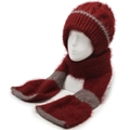 Thick burgundy knitted hooded scarf with silver glitter yarn and grey contrast trim - Red