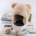 Chapeau trappeur beige en peluche à oreilles d'ours avec fausse fourrure et pompons doux - Taille Unique 58cm / Beige