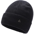 Gros plan du bonnet en maille noire avec texture détaillée et logo métallique triangulaire - Élastique 56-59cm / Gris Foncé Avec Étiquette Triangulaire
