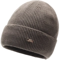 Detail of a brown ribbed knit beanie featuring a Serflow Kids logo patch on the cuff - Elastic 56-59cm / Khaki With Rectangular Tag