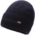 Detail view of Serflow Kids navy blue ribbed knit beanie with cuffed edge and logo tag - Elastic 56-59cm / Blue With Rectangular Tag