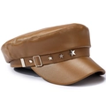 Classic brown PU leather newsboy cap with silver star rivets and flat top brim for women - One Size 57cm / Khaki Star Flat Top