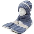 Detail von Winter-Strickmütze und Schal-Set mit blau-beige gestreifter Mohair-Textur - Einheitsgröße / Blau