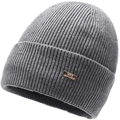 Close-up of grey rib-knit beanie showing the thick texture and brown brand tag detail - Elastic 56-59cm / Light Gray With Rectangular Tag