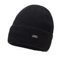 Detail of black ribbed knit beanie featuring the Serflow Kids logo patch and textured weave - Elastic 56-59cm / Black With Rectangular Tag