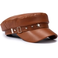 Brown PU leather flat top military hat with silver star rivets and decorative buckle strap - One Size 57cm / Coffee Star Flat Top