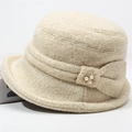 Elegante cappello a secchiello in lana beige da donna con fiocco di perle caldo - Regolabile 56-58cm / Cachi