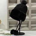 Thick black knitted winter hat with faux fur trim and cute earflap pom-poms for women - One Size / Black