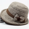 Knitted bow bucket hat for women in beige fleece with brown ribbon and pom pom detail - Adjustable 56-59cm / Light Gray