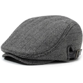 Classic men's herringbone newsboy cap in grey tweed with adjustable leather side buckle - Adjustable 57-58cm / Dark Gray