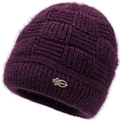 Bonnet en tricot violet foncé pour femme avec doublure pelucheuse et clip fleur en métal - Élastique 56-59cm / Violet