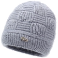 Bonnet tricoté gris pour femme avec doublure peluche et boucle métallique fleurie - Élastique 56-59cm / Gris