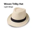 Vue de dessus d'un chapeau de jazz tissé beige clair avec ruban décoratif noir chic - Adulte 58cm / Beige Clair