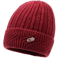 Burgundy winter knit beanie for elderly women featuring warm fleece lining and floral rhinestone - Burgundy