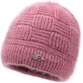 Bonnet en tricot rose pour femme avec doublure polaire chaude et décor floral en cristal - Élastique 56-59cm / Rose