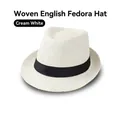 Close-up of cream white straw fedora hat featuring a classic black ribbon decorative band - Adult 58cm / Milk White