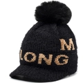 Winter black chenille knit beanie with brim, faux fur pompom and Long M embroidery - One Size / Black