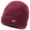 Winter knitted hat for elderly women in deep magenta with fleece lining and floral metal buckle - Elastic 56-59cm / Rose Red