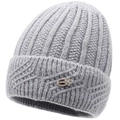 Bonnet d'hiver en tricot gris clair pour femmes âgées avec broche trèfle en strass - Gris