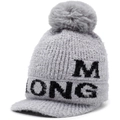 Grey chenille knit pom pom beanie with visor and M-ONG letter embroidery for women - One Size / Gray