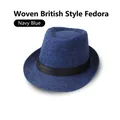 Close-up detail of navy blue straw fedora hat featuring a classic black decorative ribbon - Adult 58cm / Navy Blue