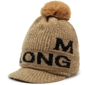 Détail du bonnet en chenille marron avec pompon et broderie de lettres M LONG - Taille unique / Kaki
