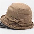 Sombrero de pescador vintage marrón para mujer con estampado floral y un lazo grande - Talla única / Caqui Claro