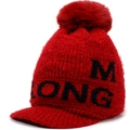 Detail of red chenille knit beanie featuring a large pompom and black letter M embroidery - One Size / Red