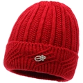 Detail of red knit beanie with thick texture and silver floral emblem decoration - Red