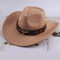 Detail of camel felt cowboy hat with leather band, silver bull head logo and bronze studs - Belt Bull Head Light Beige