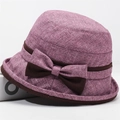 French style sun hat with bow tie in purple and grey blend fabric for women - One Size 58cm / Purple