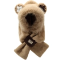 Detailed close-up of khaki plush bear hood scarf set with embroidered ear and logo tag - Khaki 2-Piece Set
