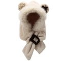 Detail of beige faux fur hooded scarf with cute bear ears and branded fabric label - 2-Piece Set Beige