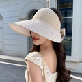 Women's cream wide brim knit sun hat with breathable mesh and bow tie for summer - Adjustable 56-59cm / Beige