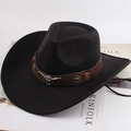 Detailed close-up of a black Western cowboy hat with brown leather band and bull head buckle - Leather Belt Bull Head Black