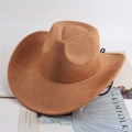 Close-up of brown suede western cowboy hat with wide brim and adjustable chin strap - Deep Beige