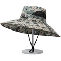 Detail of digital camouflage sun hat with wide brim and black breathable mesh side - Grey Digital Camo