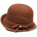 Close-up of caramel knit cloche hat with khaki trim, pearl bow, and breathable texture - One Size 58cm / Brown