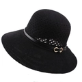 Chapeau de soleil élégant en tricot noir avec large bord et boucle dorée en C pour femme - Taille unique / Noir