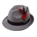 Classic gray wool fedora hat for men and women featuring a black band and side feather detail - Gray