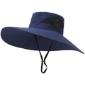 Detail of dark blue sun hat featuring a 15cm wide brim and breathable side mesh panels - Blue