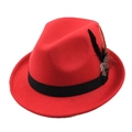 Classic red wool fedora hat with black grosgrain ribbon and feathers for men and women - Red
