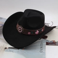 Dettaglio cappello da cowboy con ricamo di rose e fibbia in metallo stile vintage - Stile con Rose Ricamate / Nero