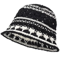 Handgefertigter Häkelhut mit schwarz-weißen Streifen im Vintage-Stil für Damen im Sommer - Einheitsgröße 58cm / Schwarz