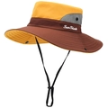 Detail of outdoor sun hat featuring gray breathable mesh panels and adjustable chin strap - One Size / Yellow