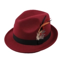 Detail of burgundy fedora hat featuring black grosgrain band and natural side feathers - Burgundy
