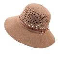 Chapeau de soleil tressé respirant avec bande en cuir marron et boucle dorée - Taille unique / Kaki