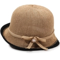 Chapeau de soleil en tricot camel pour femmes avec bord contrasté noir et nœud en perle - Taille Unique 58cm / Khaki Foncé